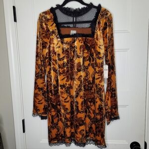 NWT Anthropologie Maeve Long-Sleeve Mesh Velvet Mini Dress Size L